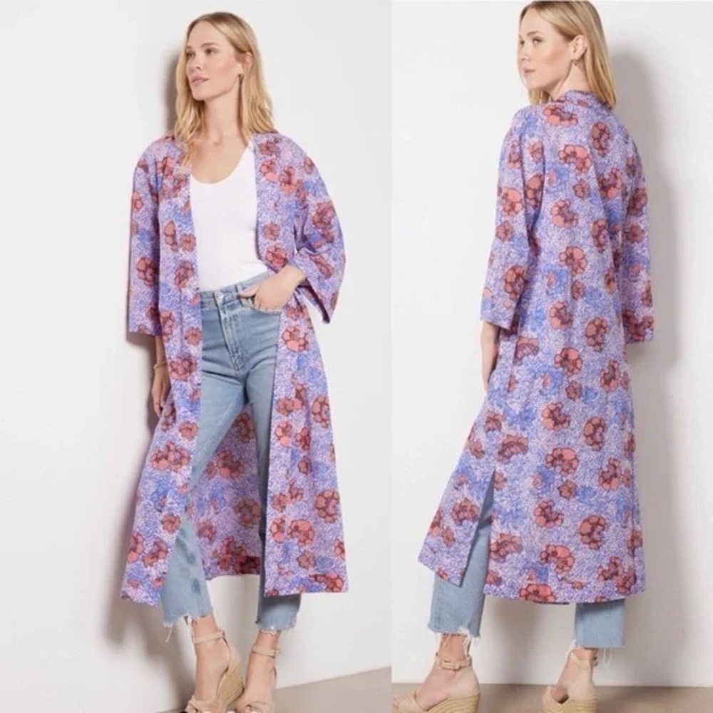 Cleobella Zoya Organic Cotton Printed Rose Floral Long Duster Kimono Purple